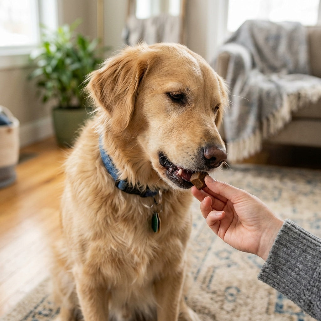 Golden dog being fed multivitamin dog supplement, but can dogs have human multivitamins?