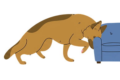 Illustration of a tired dog leaning head on a blue couch with eyes closed and tongue out