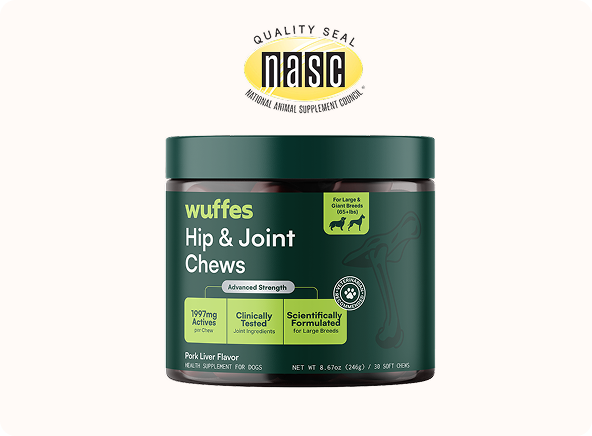 Container of wuffes hip and joint chews with NASC quality seal above the jar