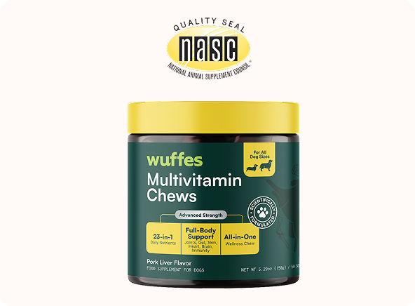 Jar of wuffes multivitamin chews for dogs with quality seal from NASC above it