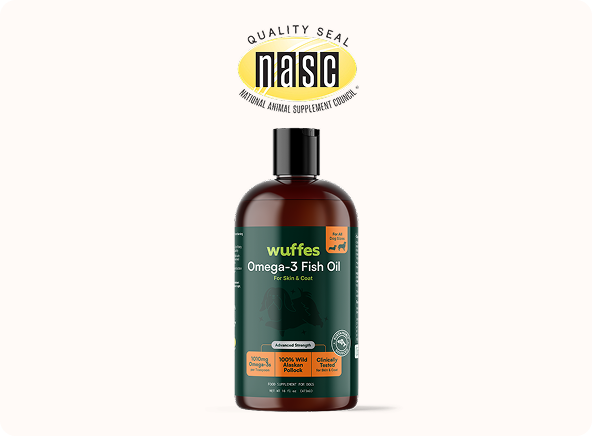 Bottle of wuffes Omega-3 fish oil for skin and coat with a National Animal Supplement Council quality seal above.