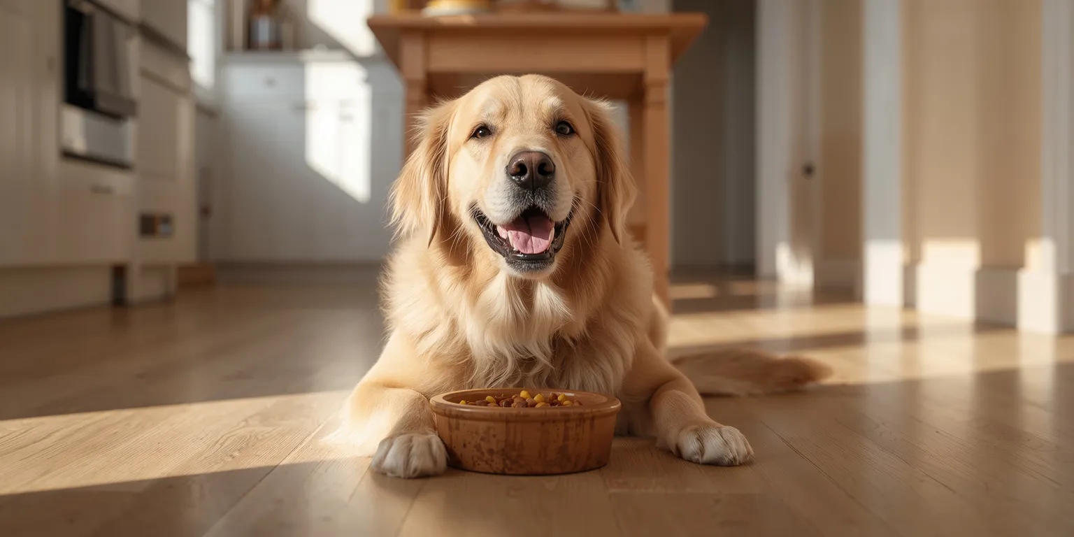 Golden with wooden dog bowl sat inside on wooden floors