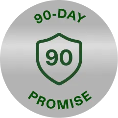 A silver seal reading 90-Day Promise around a shield marked 90
