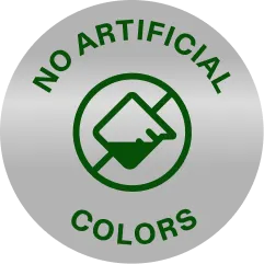 A silver seal reading No Artificial Colors around a crossed-out paint icon