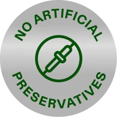 A silver seal reading No Artificial Preservatives around a crossed-out pipette icon