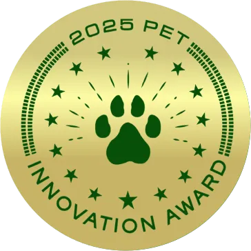 A gold seal reading 2025 Pet Innovation Award around a paw print