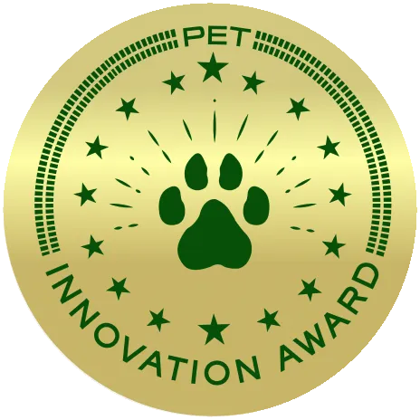 A gold seal reading Pet Innovation Award, with a paw print and a ring of stars
