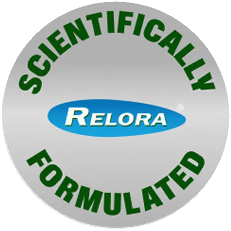 A silver seal reading Scientifically Formulated around the Relora logo