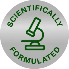 A silver seal reading Scientifically Formulated around a microscope icon