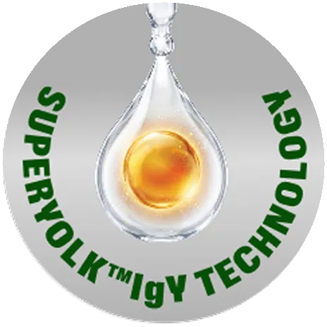 A silver seal reading Superyolk IgY Technology around an amber egg-yolk droplet