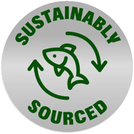 A silver seal reading Sustainably Sourced around a fish inside a ring of recycling arrows