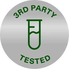 A silver seal reading 3rd Party Tested around a laboratory test tube icon