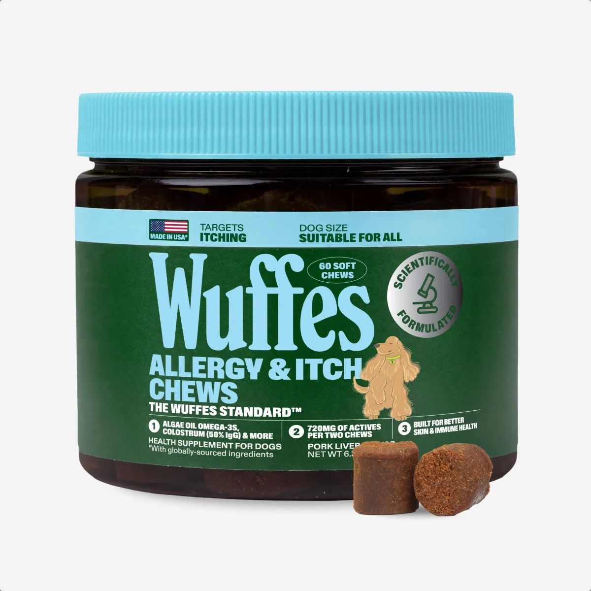 A jar of Wuffes Allergy & Itch Chews, suitable for dogs of every size, with two chews beside it