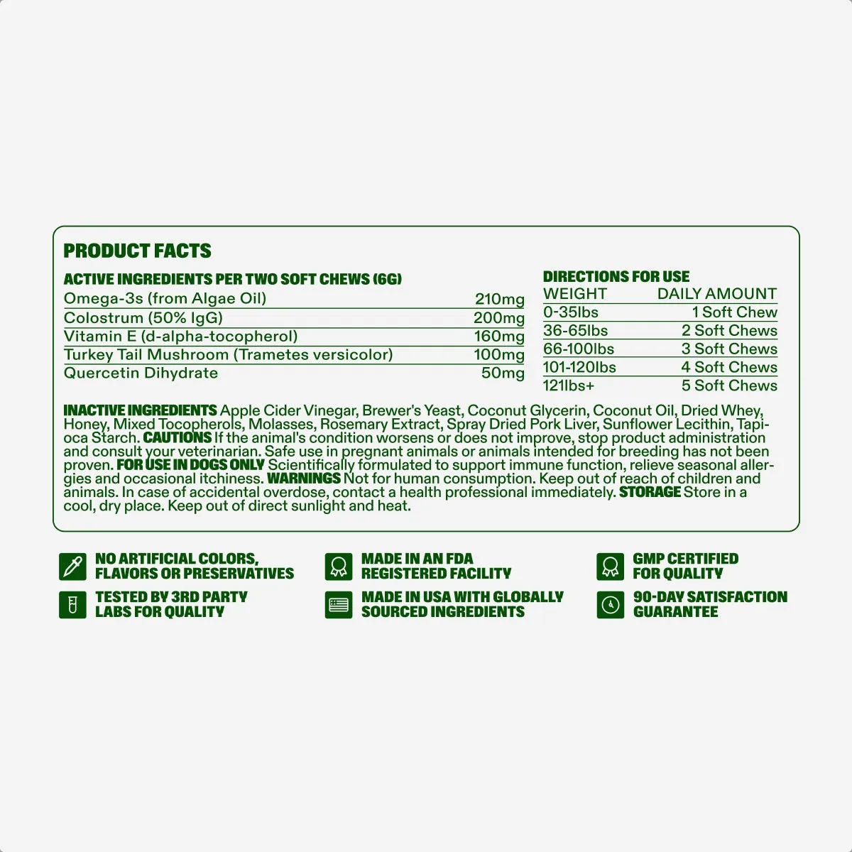 Allergy & Itch Chews product facts: active ingredients, directions for use, inactive ingredients, cautions, warnings and storage, with the quality marks — no artificial colors, flavors or preservatives, made in an FDA registered facility, GMP certified for quality, made in the USA with globally sourced ingredients, tested by 3rd party labs, and a 90-day satisfaction guarantee