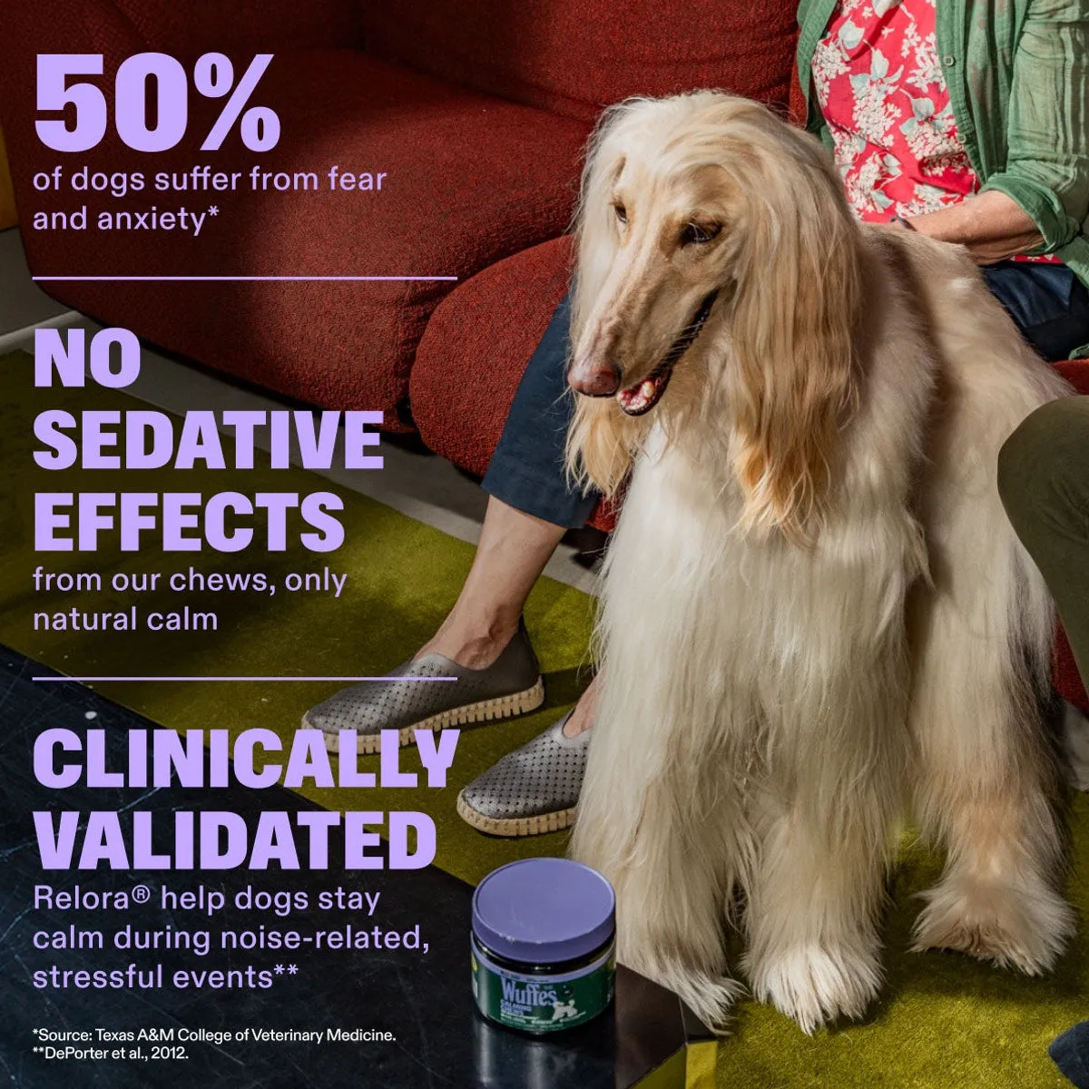Calming Chews slide: 50% of dogs suffer from fear and anxiety*. no sedative effects from our chews, only natural calm. CLINICALLY VALIDATED Relora® help dogs stay calm during noise-related, stressful events**. *Source: Texas A&M College of Veterinary Medicine. **DePorter et al., 2012.