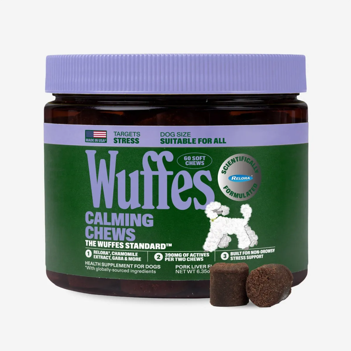 A jar of Wuffes Calming Chews, suitable for dogs of every size, with two chews beside it