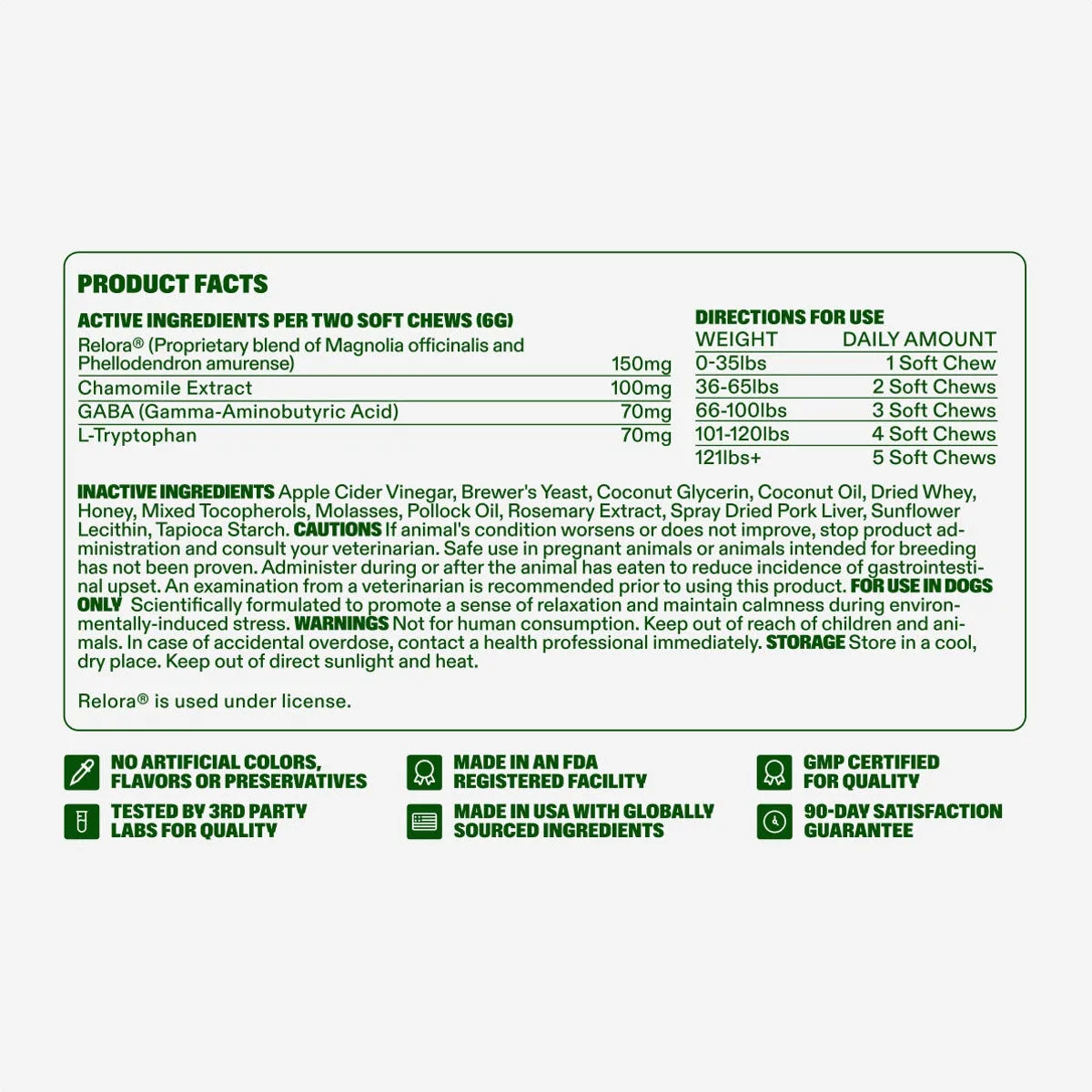 Calming Chews product facts: active ingredients, directions for use, inactive ingredients, cautions, warnings and storage, with the quality marks — no artificial colors, flavors or preservatives, made in an FDA registered facility, GMP certified for quality, made in the USA with globally sourced ingredients, tested by 3rd party labs, and a 90-day satisfaction guarantee