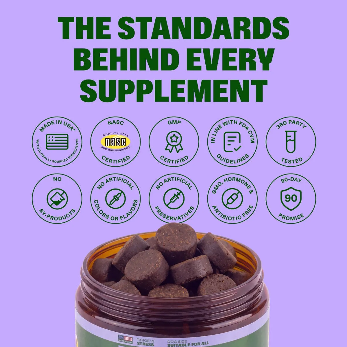 Calming Chews slide: THE STANDARDS BEHIND EVERY SUPPLEMENT.