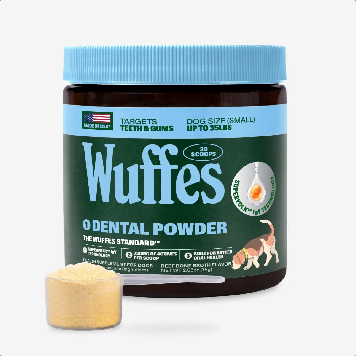 A jar of Wuffes Dental Powder for small dogs up to 35 lbs, with a scoop of the powder beside it