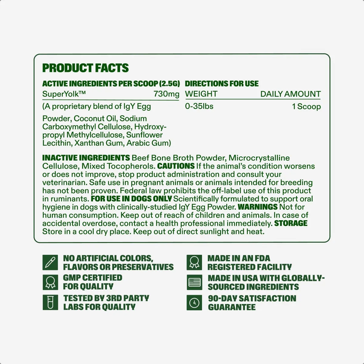 Dental Powder product facts: active ingredients, directions for use, inactive ingredients, cautions, warnings and storage, with the quality marks — no artificial colors, flavors or preservatives, made in an FDA registered facility, GMP certified for quality, made in the USA with globally sourced ingredients, tested by 3rd party labs, and a 90-day satisfaction guarantee