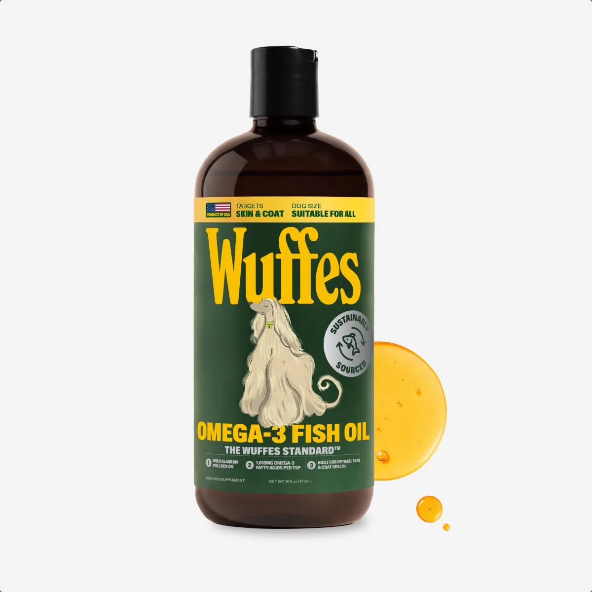 A 16 oz bottle of Wuffes Omega-3 Fish Oil beside a golden drop of the oil