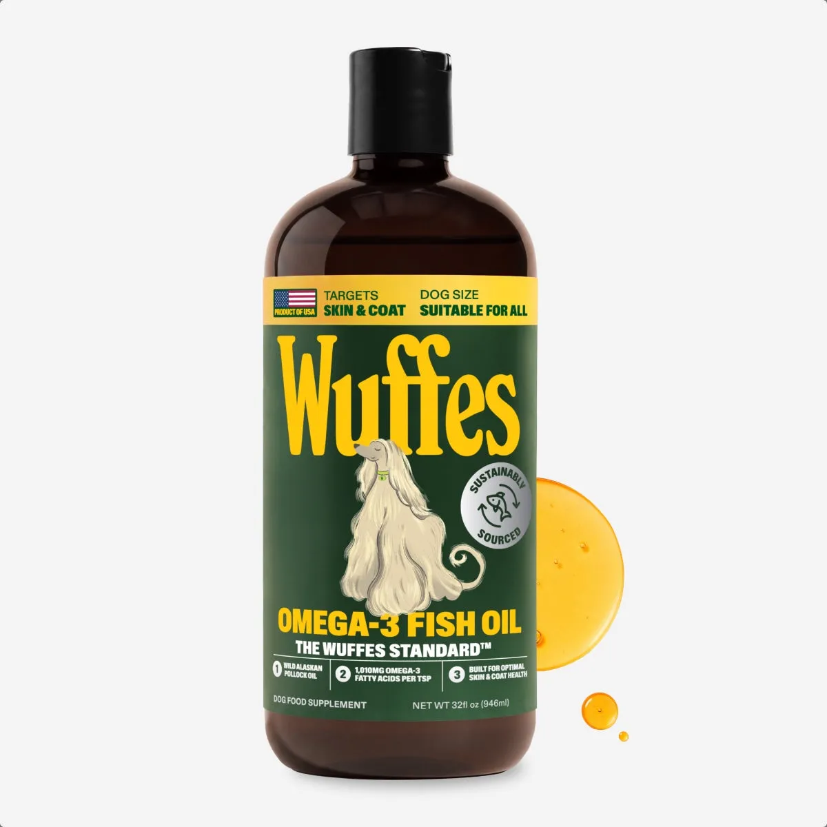 A 32 oz bottle of Wuffes Omega-3 Fish Oil beside a golden drop of the oil