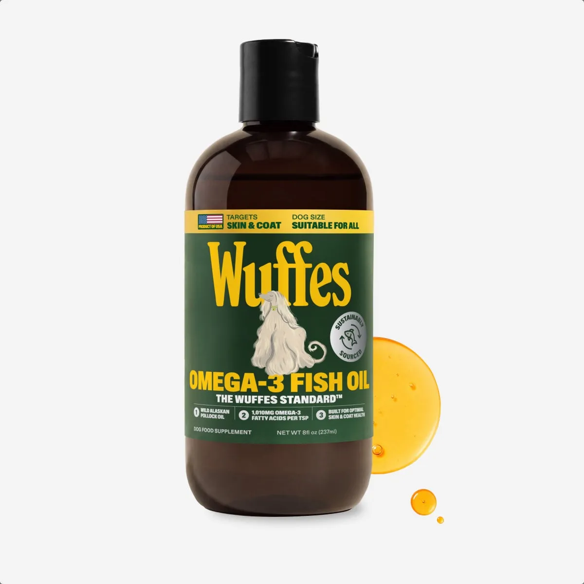 An 8 oz bottle of Wuffes Omega-3 Fish Oil beside a golden drop of the oil