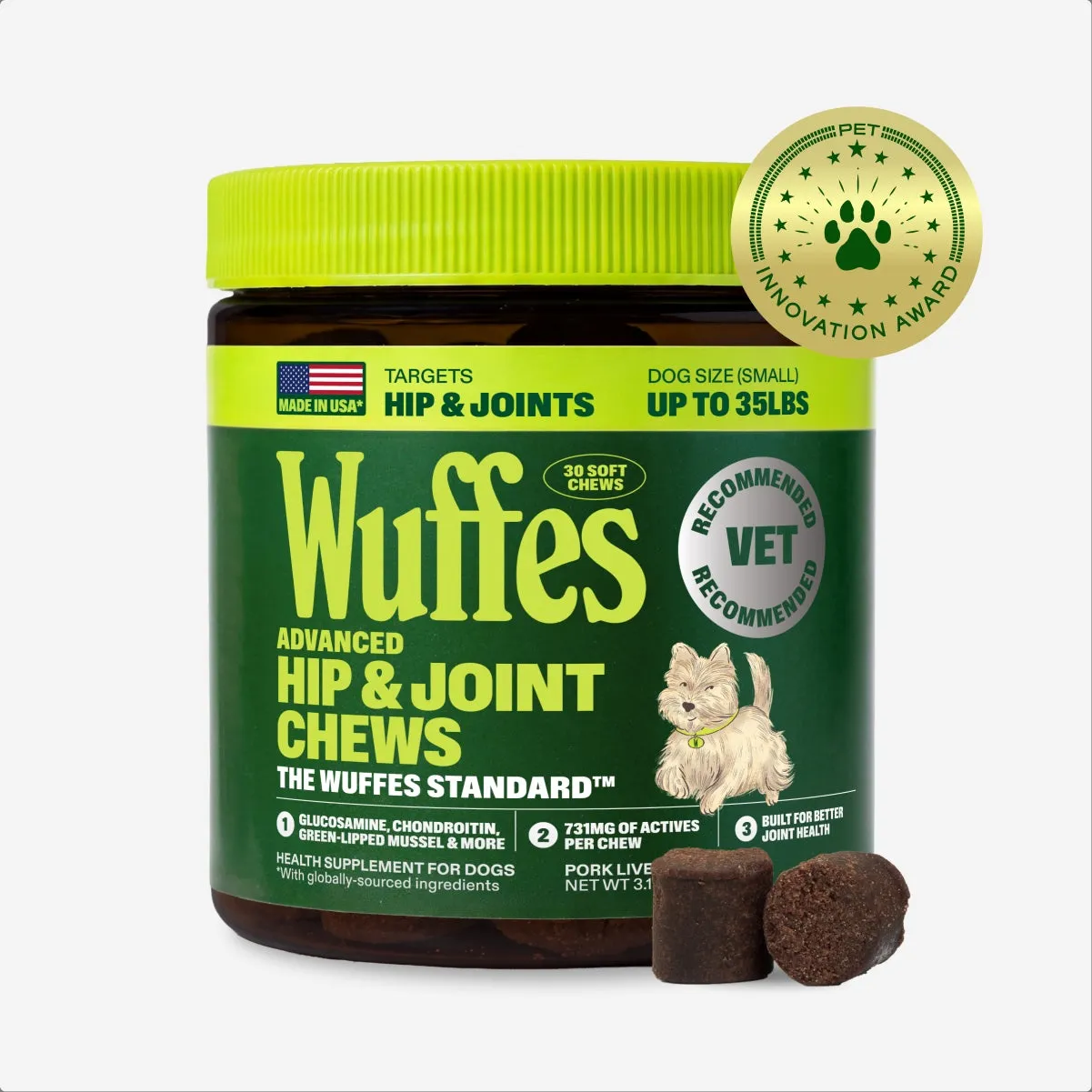 A jar of Wuffes Advanced Hip & Joint Chews for small dogs up to 35 lbs, with two chews beside it and a Pet Innovation Award seal