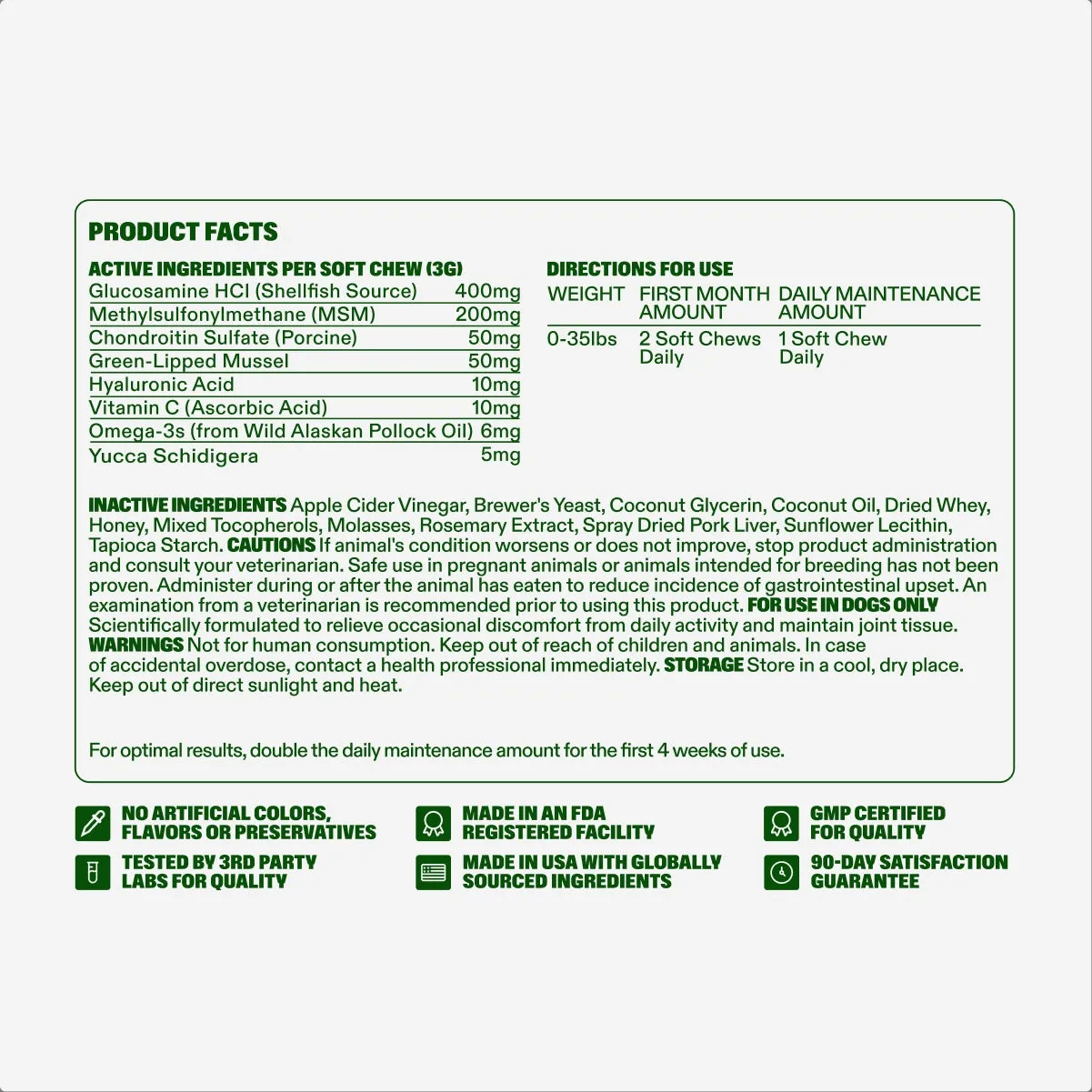 Advanced Hip & Joint Chews product facts: active ingredients, directions for use, inactive ingredients, cautions, warnings and storage, with the quality marks — no artificial colors, flavors or preservatives, made in an FDA registered facility, GMP certified for quality, made in the USA with globally sourced ingredients, tested by 3rd party labs, and a 90-day satisfaction guarantee