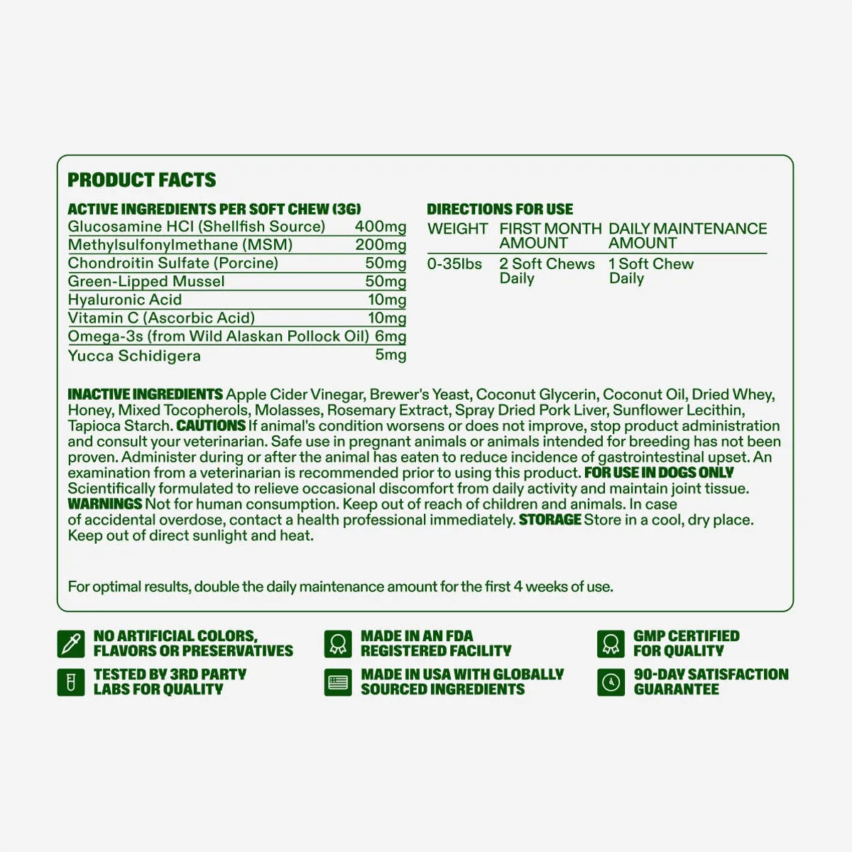 Advanced Hip & Joint Chews product facts: active ingredients, directions for use, inactive ingredients, cautions, warnings and storage, with the quality marks — no artificial colors, flavors or preservatives, made in an FDA registered facility, GMP certified for quality, made in the USA with globally sourced ingredients, tested by 3rd party labs, and a 90-day satisfaction guarantee