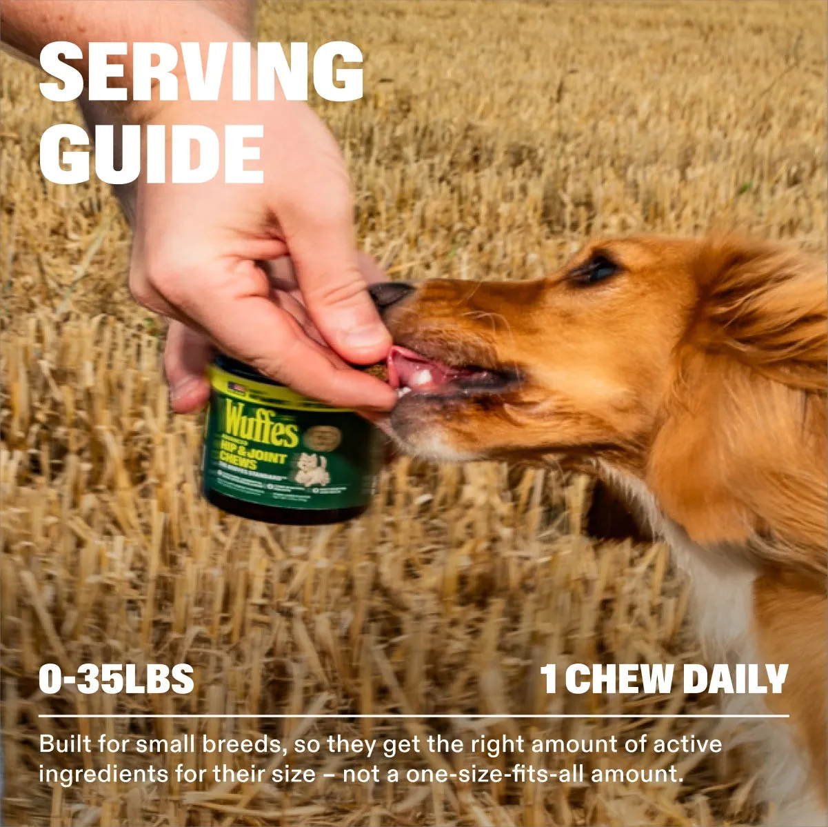 Advanced Hip & Joint Chews slide: serving guide. 0-35lbs. 1 Chew Daily. Built for small breeds, so they get the right amount of active ingredients for their size – not a one-size-fits-all amount.