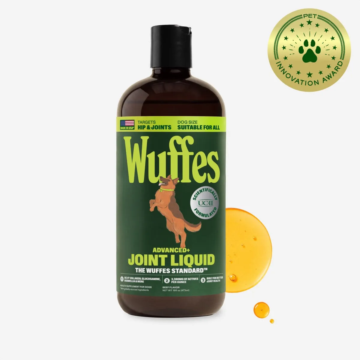 A 16 oz bottle of Wuffes Advanced+ Joint Liquid beside a golden drop of the liquid, with a Pet Innovation Award seal