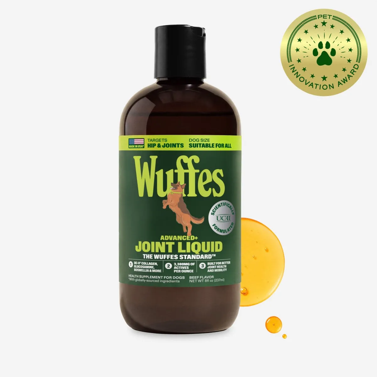 An 8 oz bottle of Wuffes Advanced+ Joint Liquid beside a golden drop of the liquid, with a Pet Innovation Award seal