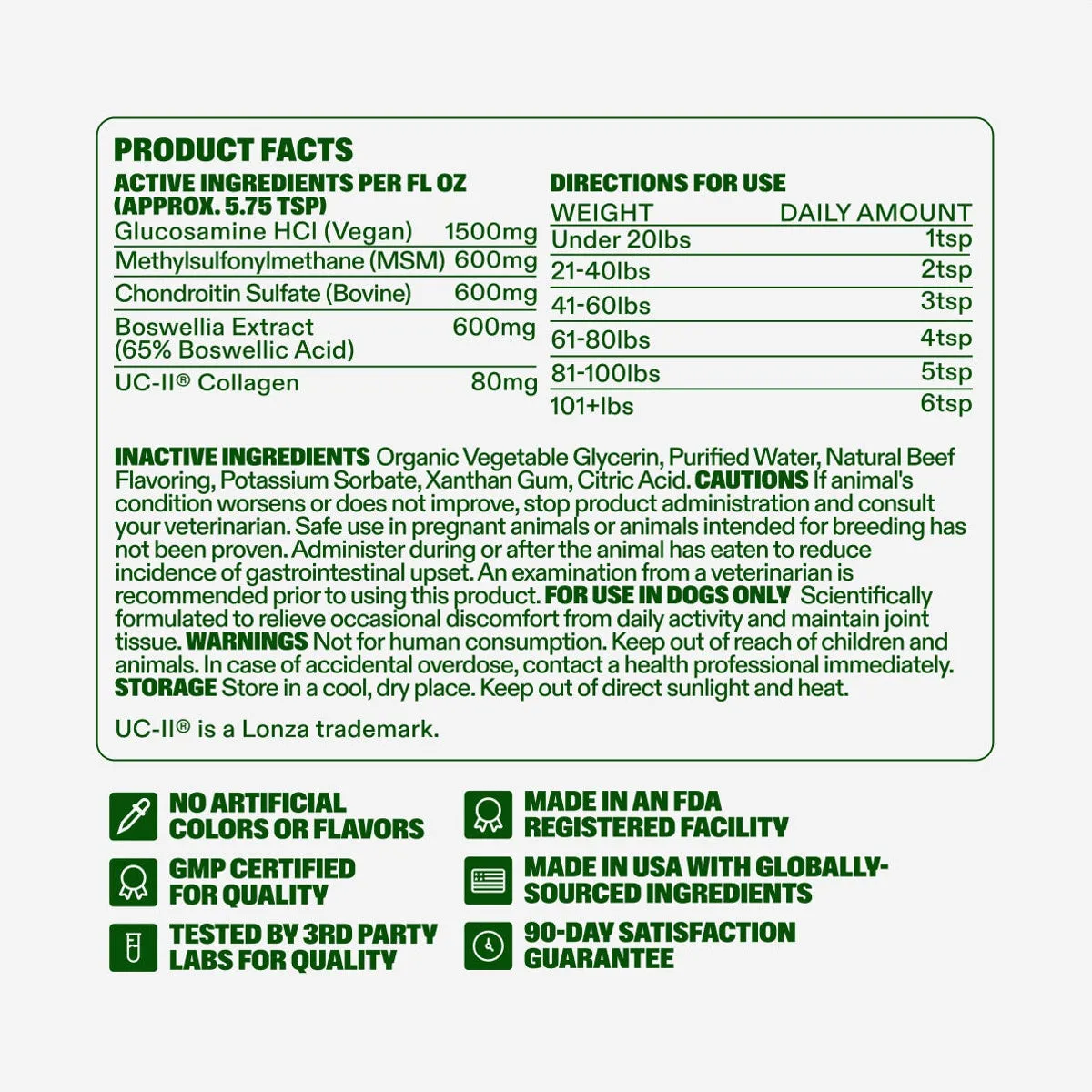 Advanced+ Joint Liquid product facts: active ingredients, directions for use, inactive ingredients, cautions, warnings and storage, with the quality marks — no artificial colors, flavors or preservatives, made in an FDA registered facility, GMP certified for quality, made in the USA with globally sourced ingredients, tested by 3rd party labs, and a 90-day satisfaction guarantee