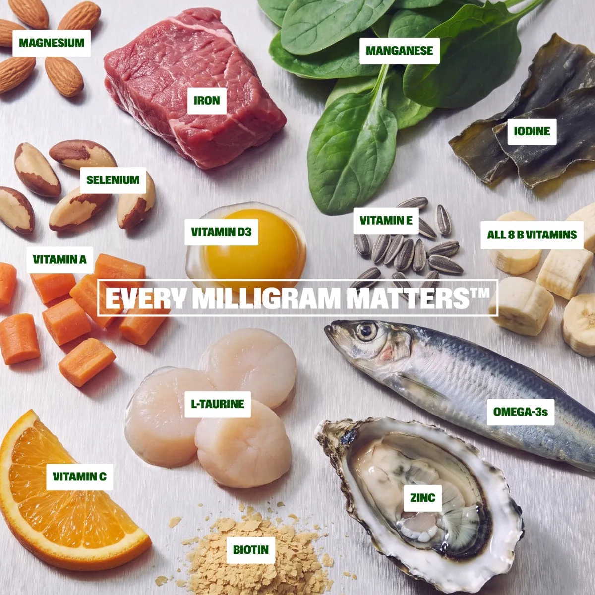 Multivitamin Chews slide: magnesium. manganese. iron. iodine. selenium. vitamin e. vitamin d3. All 8 B Vitamins. vitamin a. EVERY MILLIGRAM MATTERS™. L-taurine. omega-3s. vitamin c. zinc. biotin.