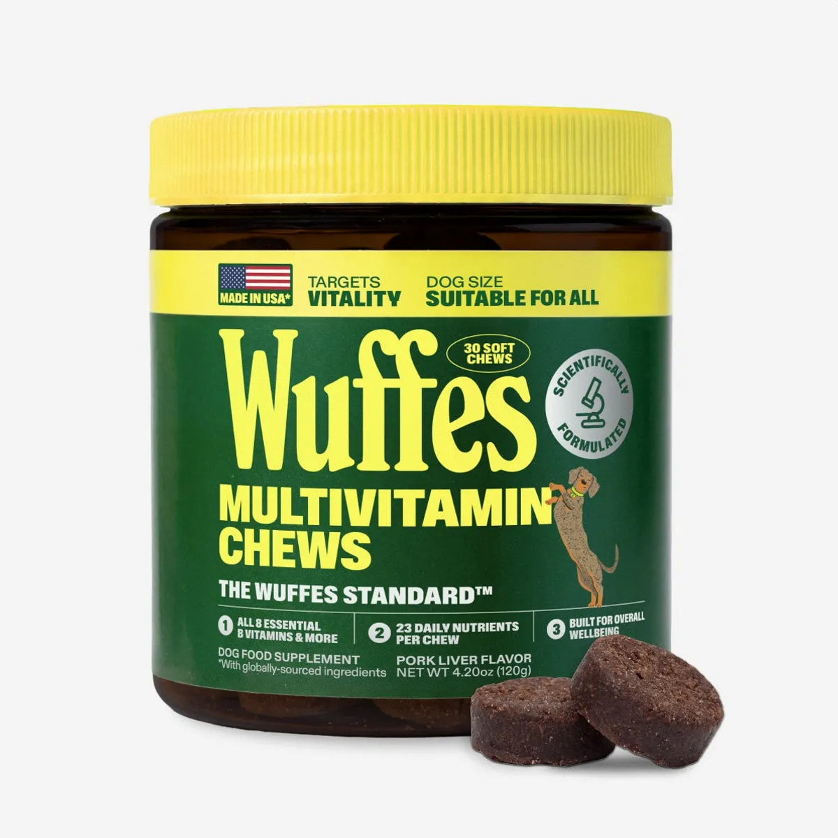 A jar of Wuffes Multivitamin Chews, suitable for dogs of every size, with two chews beside it