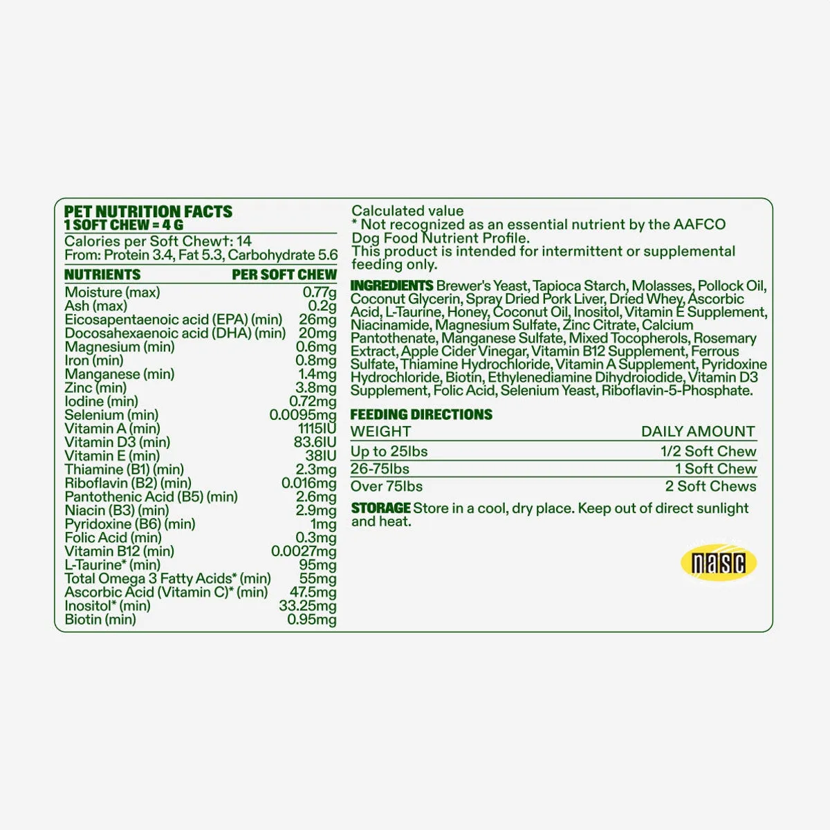 Multivitamin Chews pet nutrition facts: calories and nutrients per soft chew, the full ingredient list, feeding directions by weight and storage, with the NASC Quality Seal