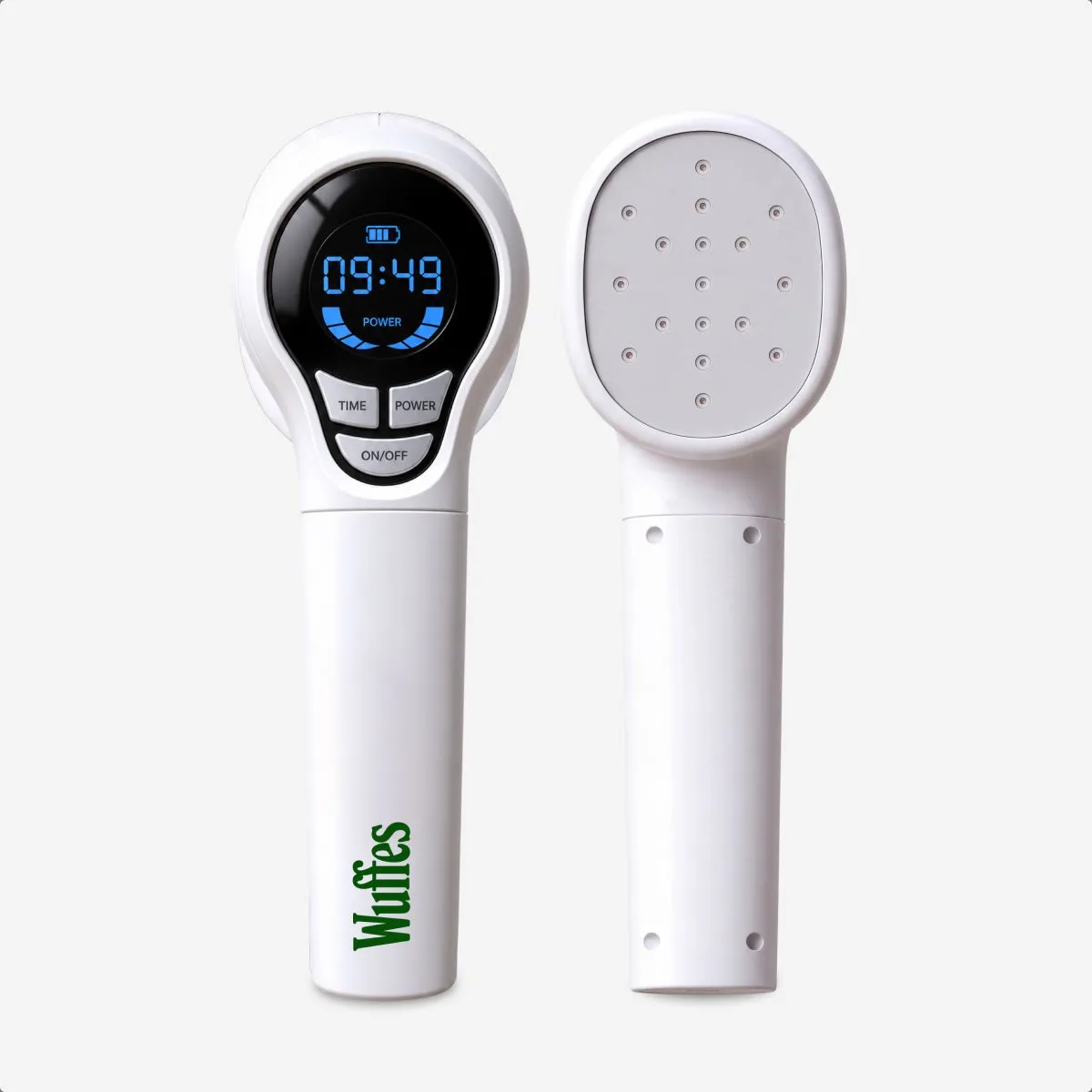 The Wuffes Red Light Laser Joint Therapy Device, shown from the front with its timer display and from the back with its laser head
