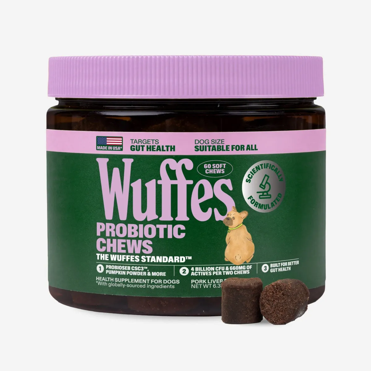 A jar of Wuffes Probiotic Chews, suitable for dogs of every size, with two chews beside it