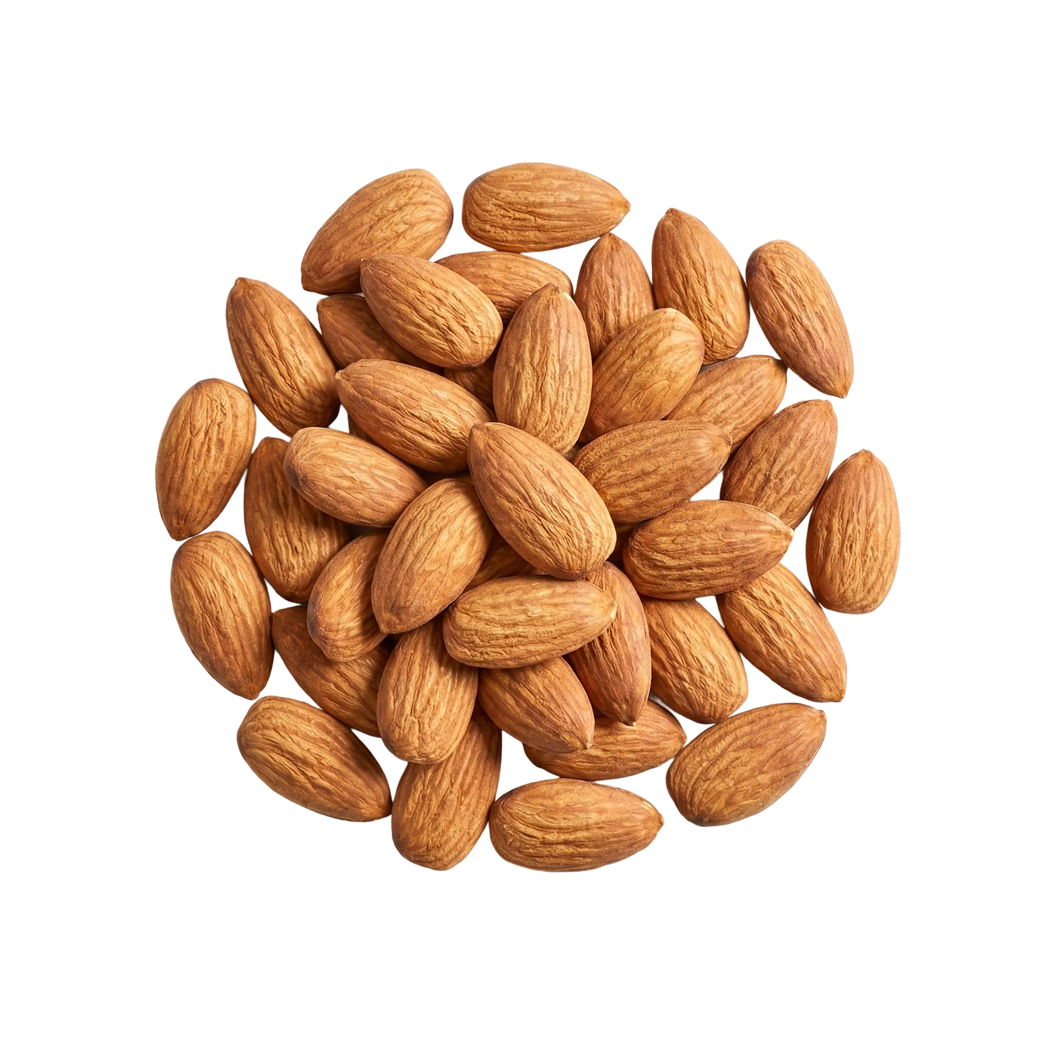 A round pile of whole almonds in their brown skins, viewed from above