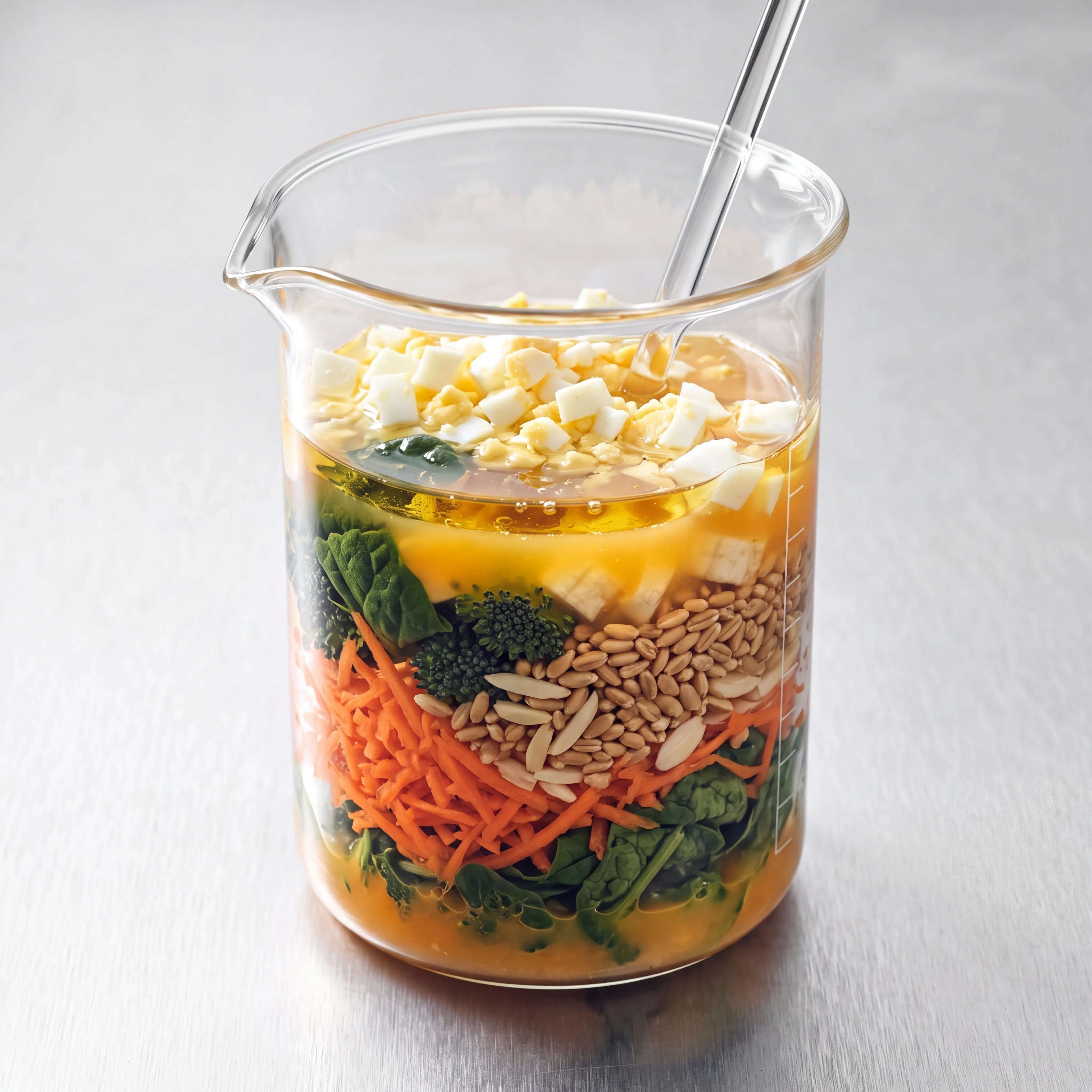 A glass beaker layered with chopped egg, oil, broccoli, grains, grated carrot and spinach, with a stirring rod