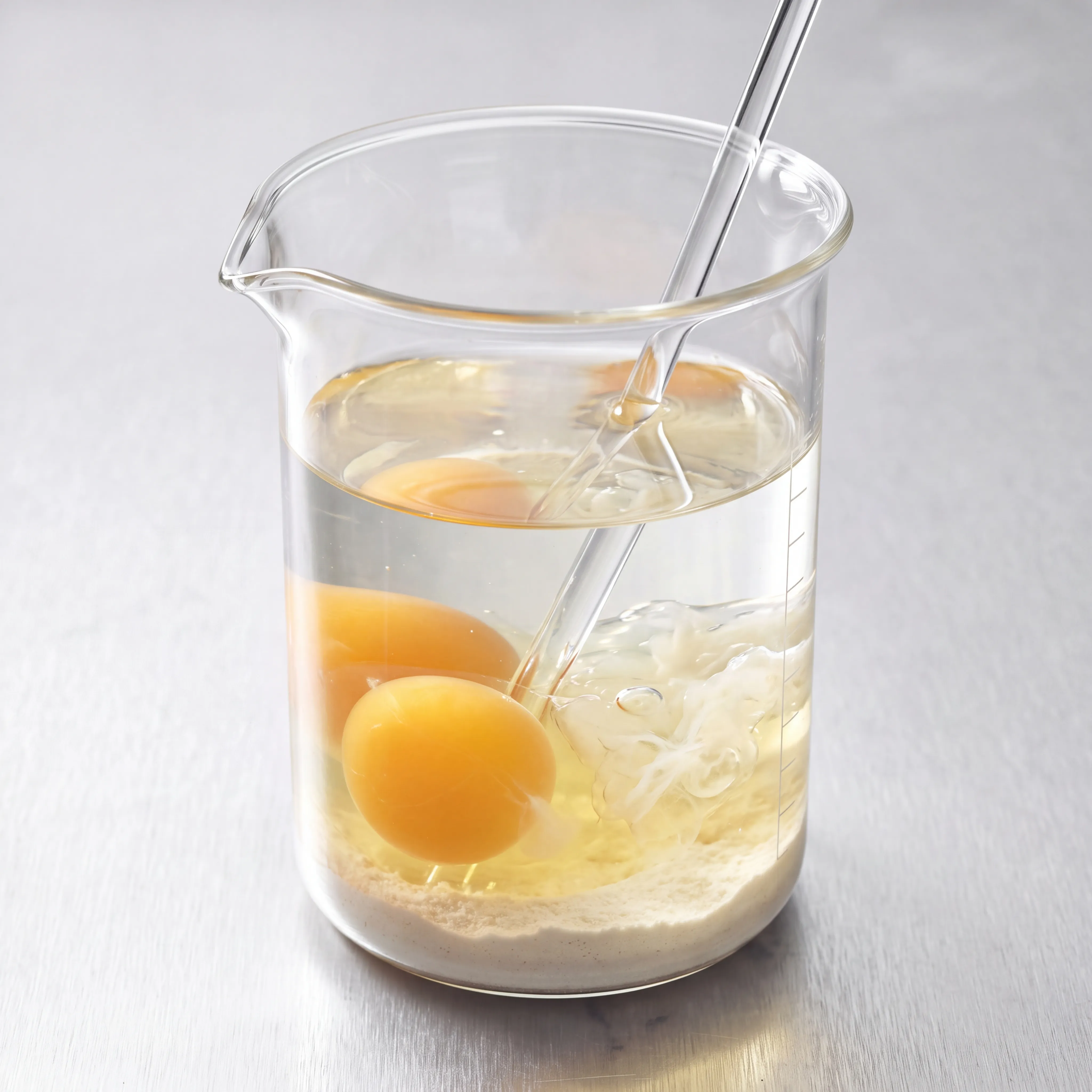 A glass beaker of clear liquid holding egg yolks and egg white over a layer of white powder, with a stirring rod