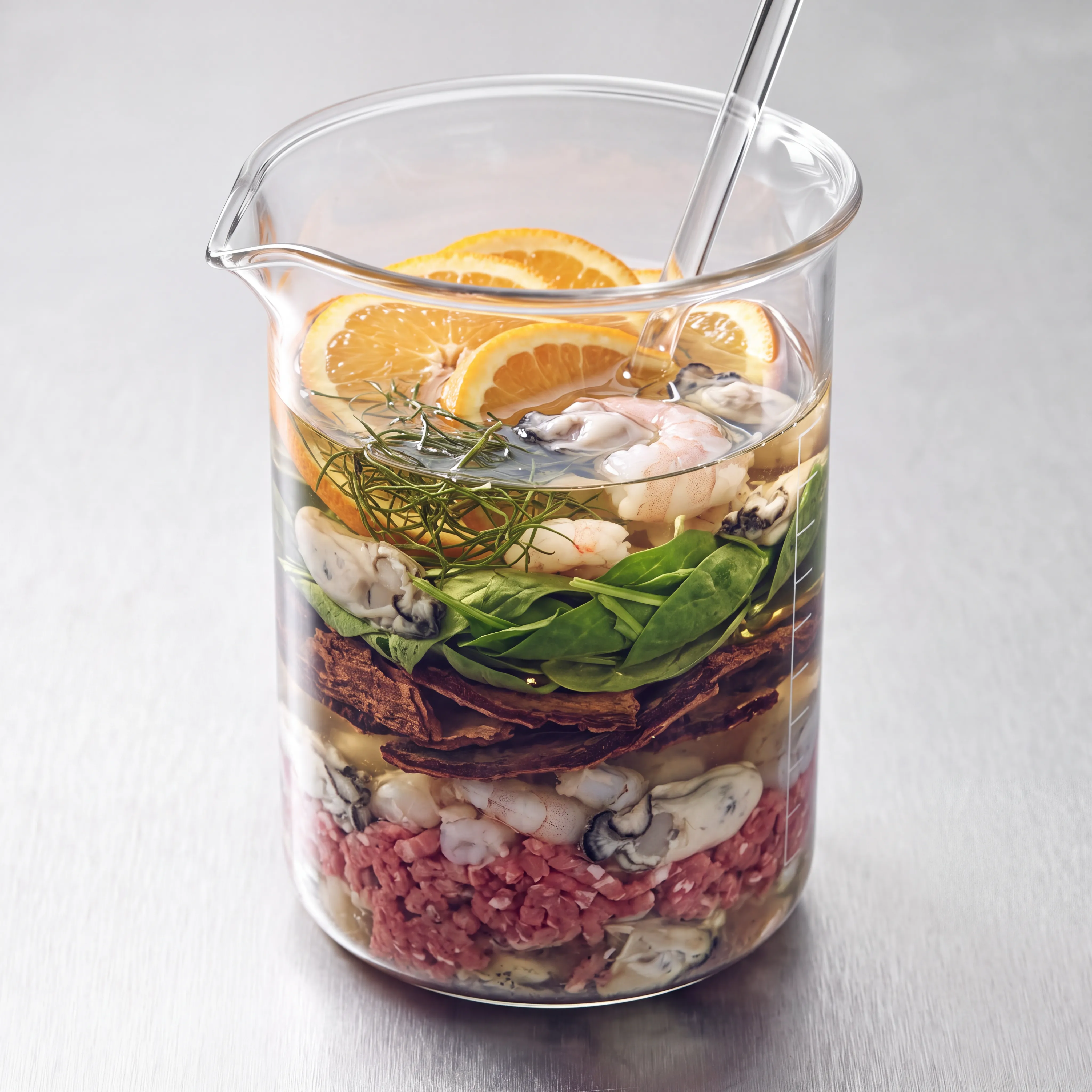 A glass beaker layered with minced beef, oysters, dried bark, spinach, rosemary and orange slices, with a stirring rod