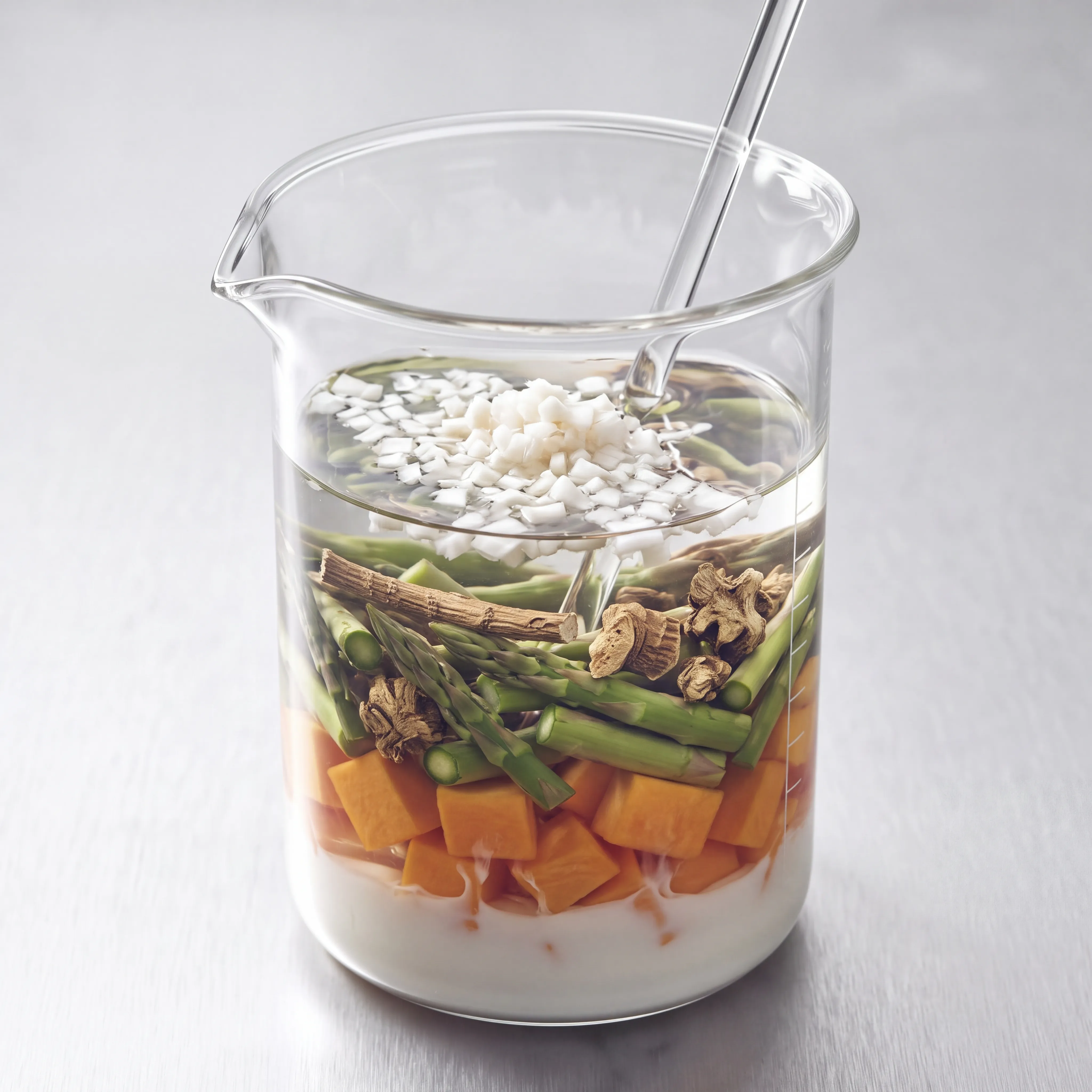 A glass beaker layered with white cream, cubed pumpkin, asparagus spears, dried root pieces and white granules, with a stirring rod