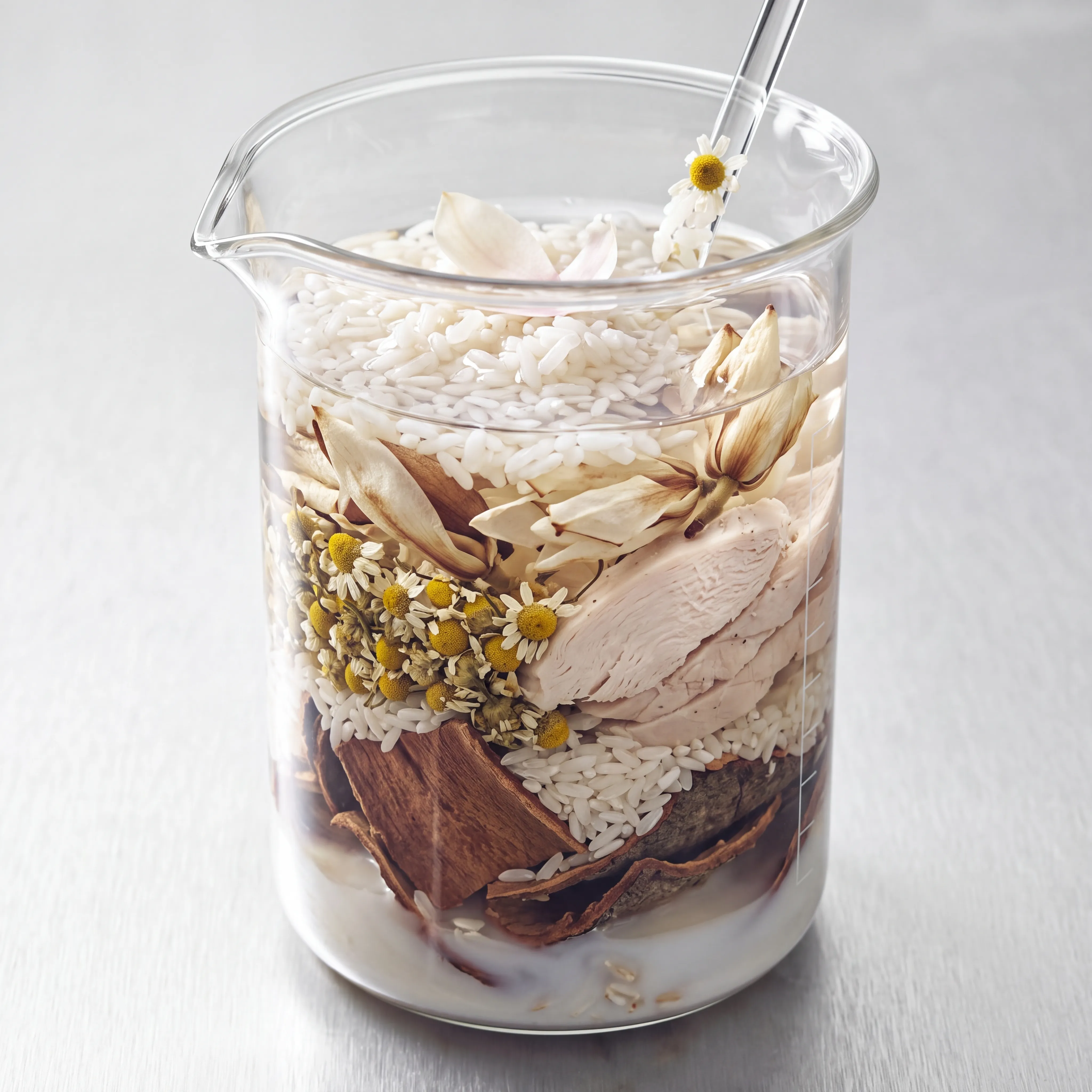 A glass beaker layered with bark, chamomile flowers, sliced turkey, white rice and magnolia petals, with a stirring rod