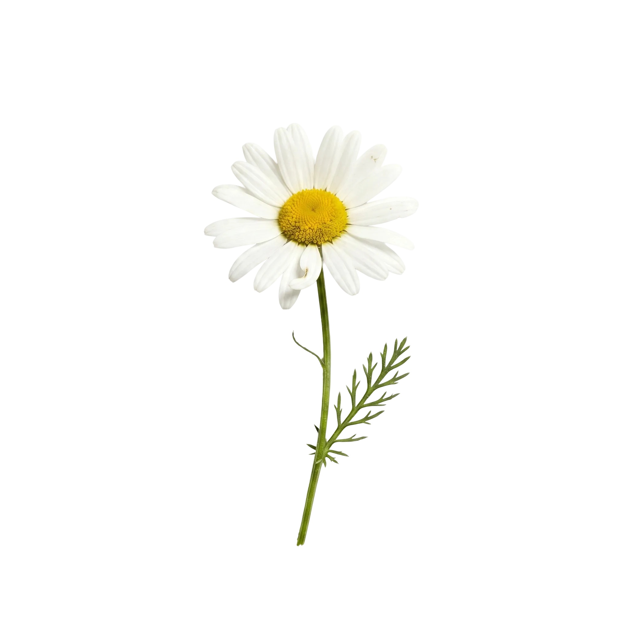 A single chamomile flower with a yellow centre and white petals on a long stem, cut out on a transparent background