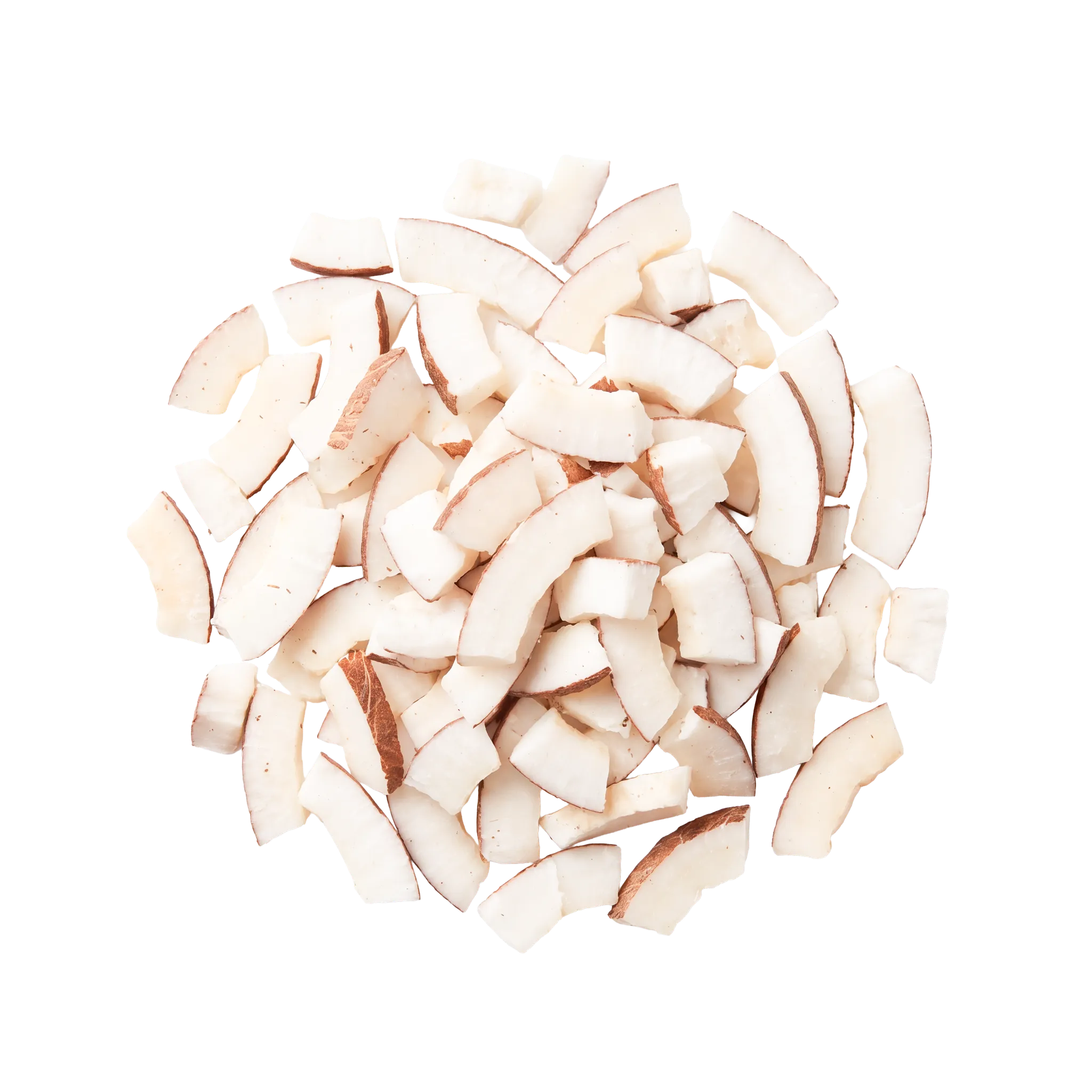 A pile of chopped fresh coconut pieces, brown skin along their edges