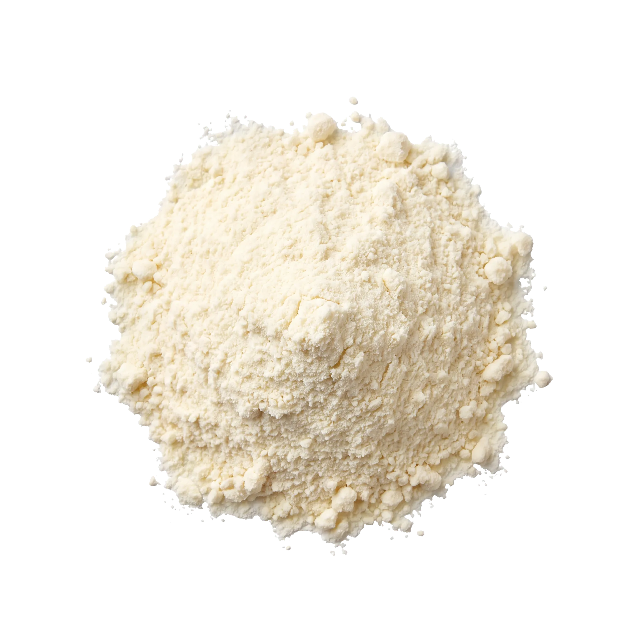 A soft heap of pale cream dried whey powder, viewed from above