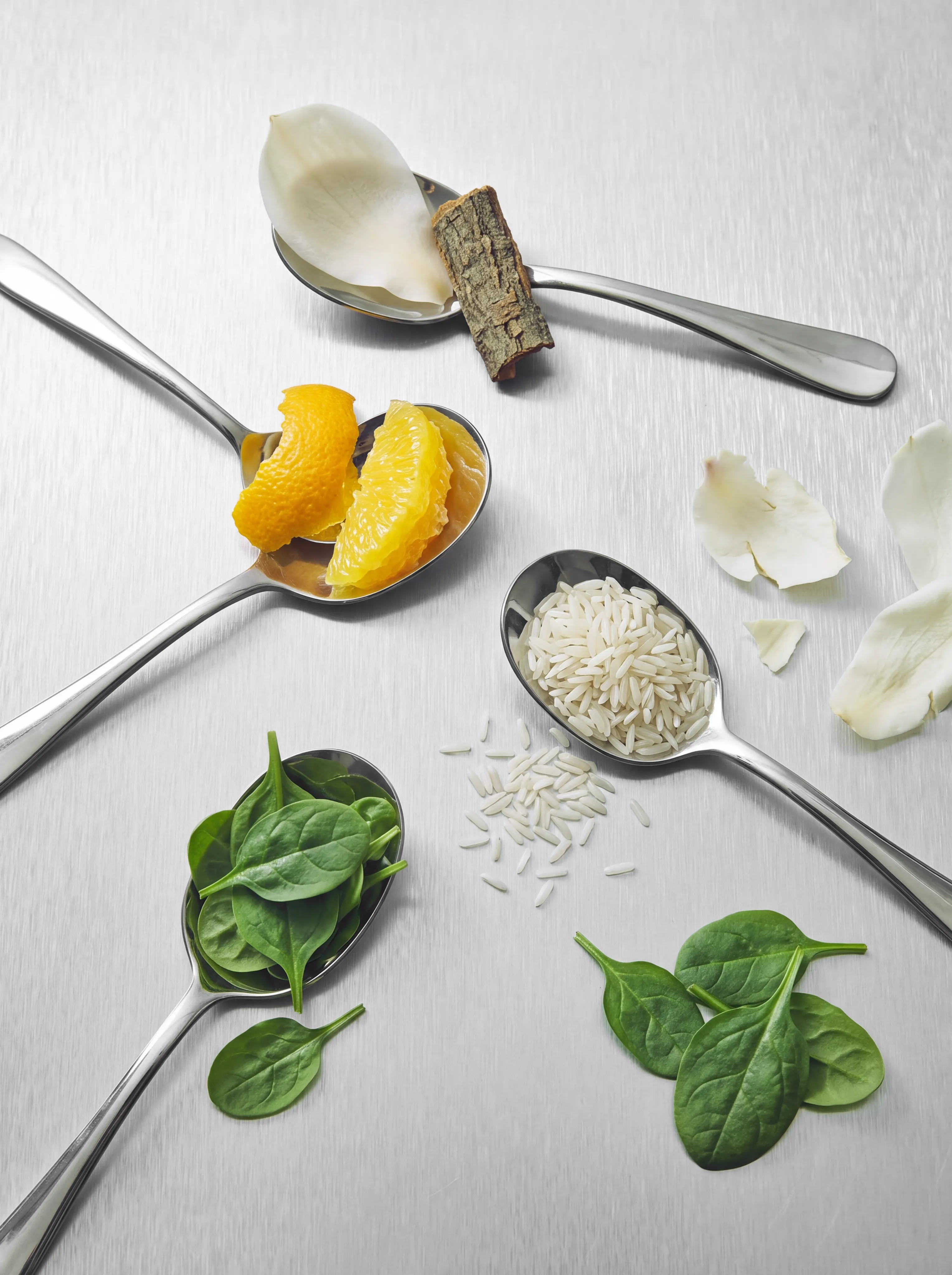 Five stainless steel spoons on a brushed metal surface, each holding a measured ingredient: orange segments, white rice, spinach leaves, bark and dried petals