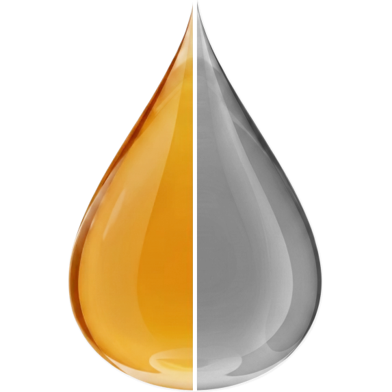 A glossy amber oil drop split down the middle from a matching grey drop, illustrating Wuffes Omega-3 Fish Oil against a generic other oil